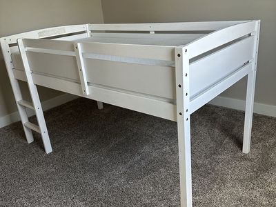 White Wood Loft Bed Frame - Twin Size with Ladder & Safety Rails - Great for Small Spaces