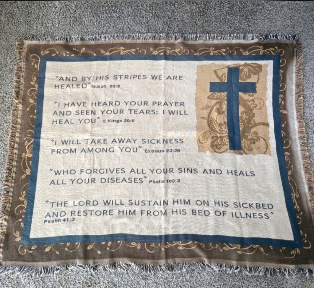 Religious Scripture Woven Tapestry with Cross Design & Fringed Edges