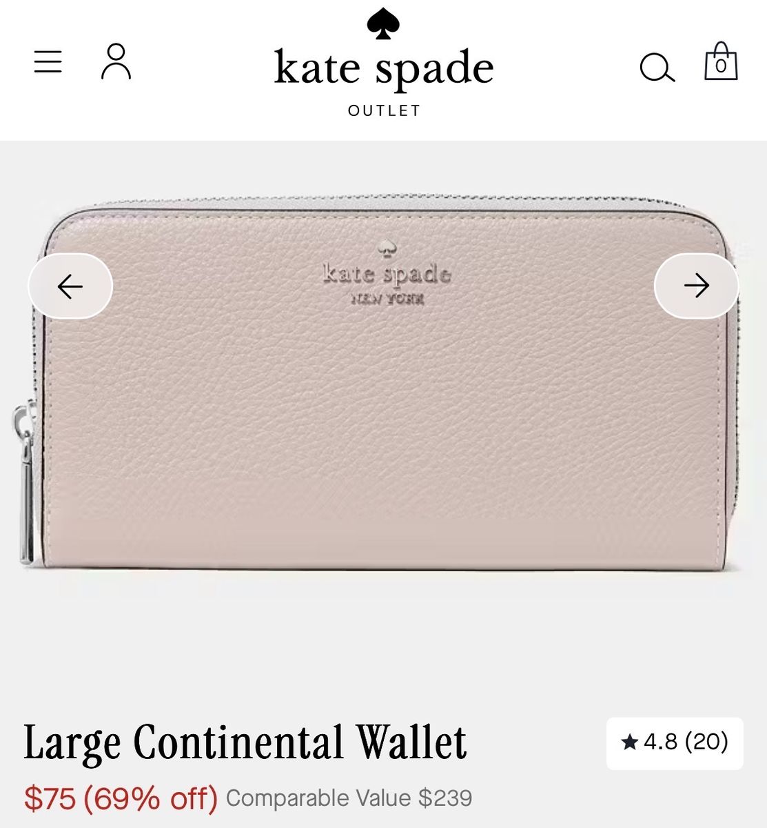 Kate Spade women’s  Wallet - Pale Pink, Zip-Around Leather