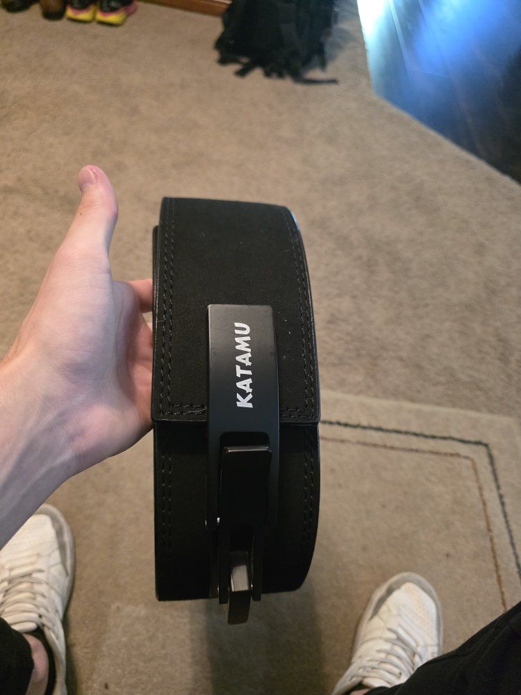 KATAMU Powerlifting Lever Belt - Black with White Kanji Embroidery