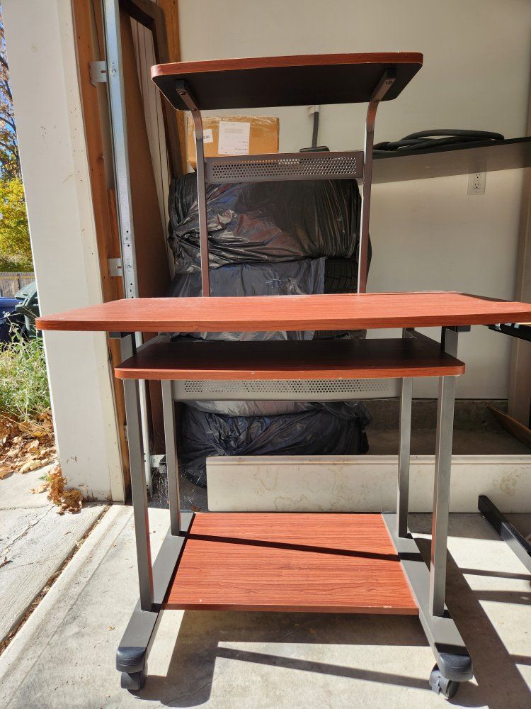 Rolling Computer Desk Cart with Monitor Shelf, Keyboard Tray, and Casters - Cherry Finish