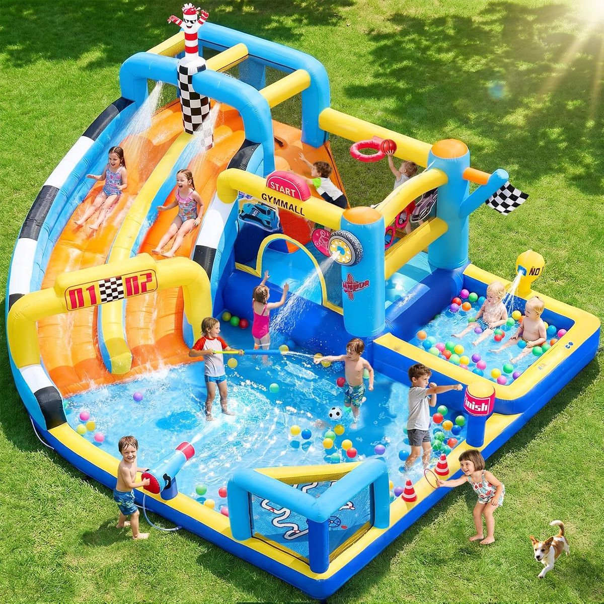 NEW Inflatable Bounce House Double Water Slide with 750 W Blower, Blow up 12-in-1 Waterslide Park Bouncy Castle Outdoor Blue