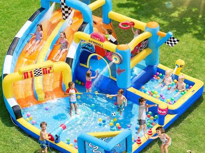 NEW Inflatable Bounce House Double Water Slide with 750 W Blower, Blow up 12-in-1 Waterslide Park Bouncy Castle Outdoor Blue