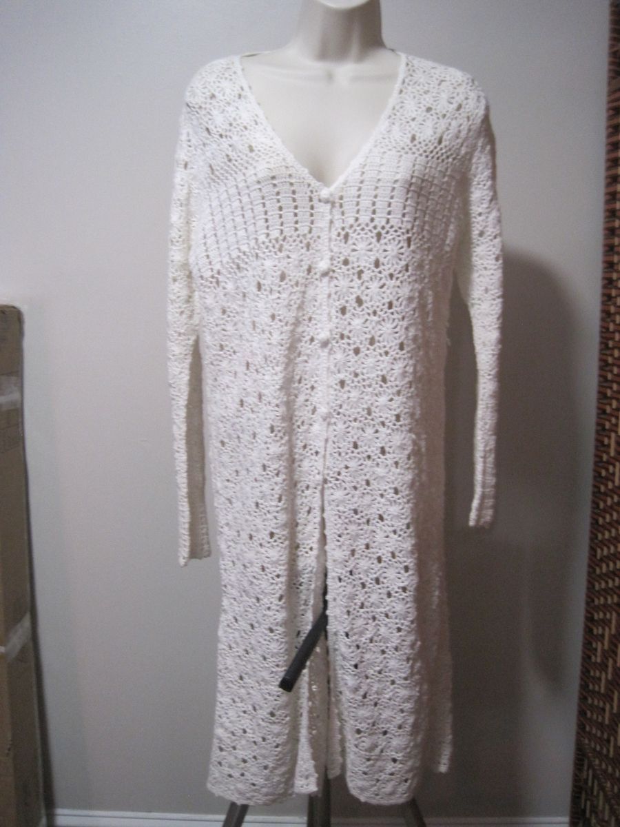 Studio JPR Women Large White Long Sleeve Open-Weave Crochet Duster Sweater Dress