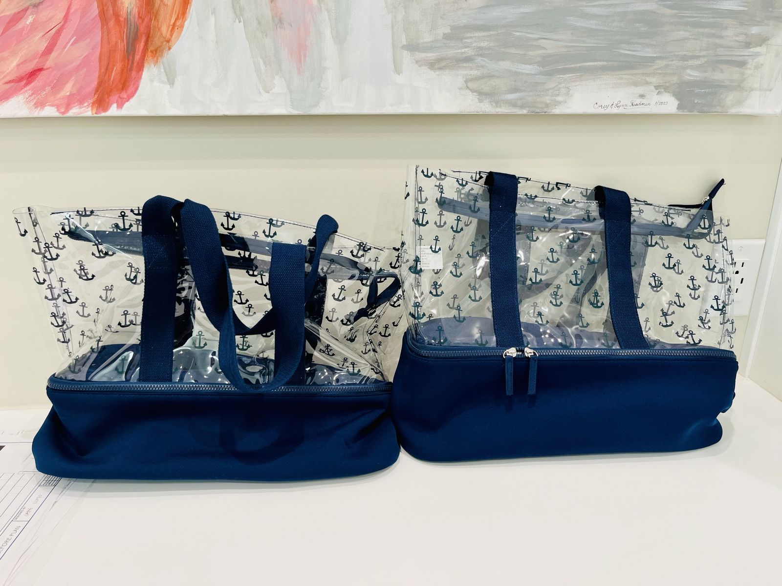 Anchor Pattern Clear Stadium Tote Bag with Insulated Cooler Bottom - Navy Blue- set of 2