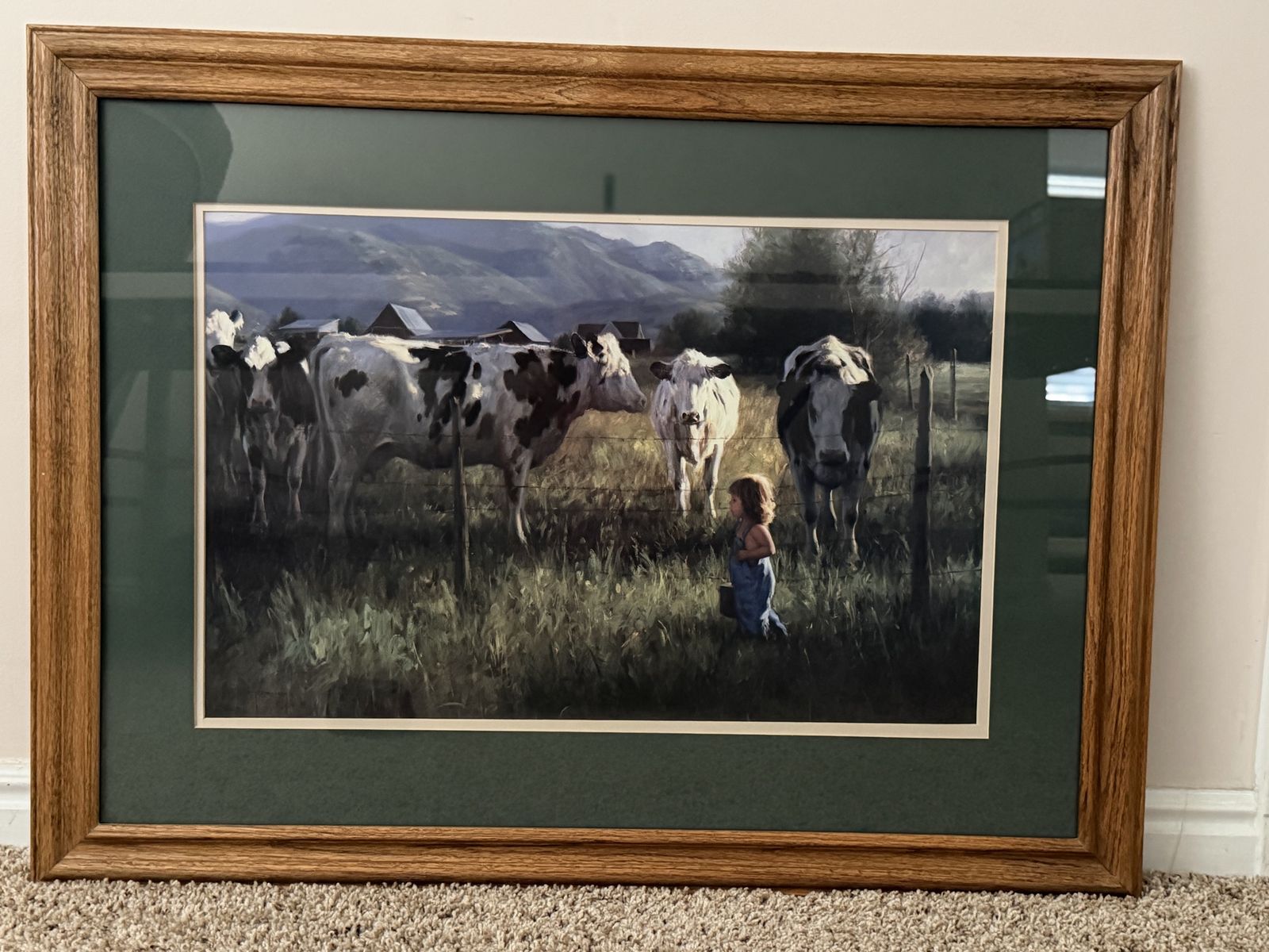 Robert Duncan "Anniken and the Cows" framed print with double mat and solid oak frame