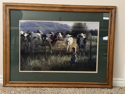 Robert Duncan "Anniken and the Cows" framed print with double mat and solid oak frame