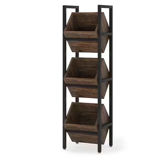 Rustic 3-Tier Wooden Storage Bin and Wine Rack Tower with Metal Frame