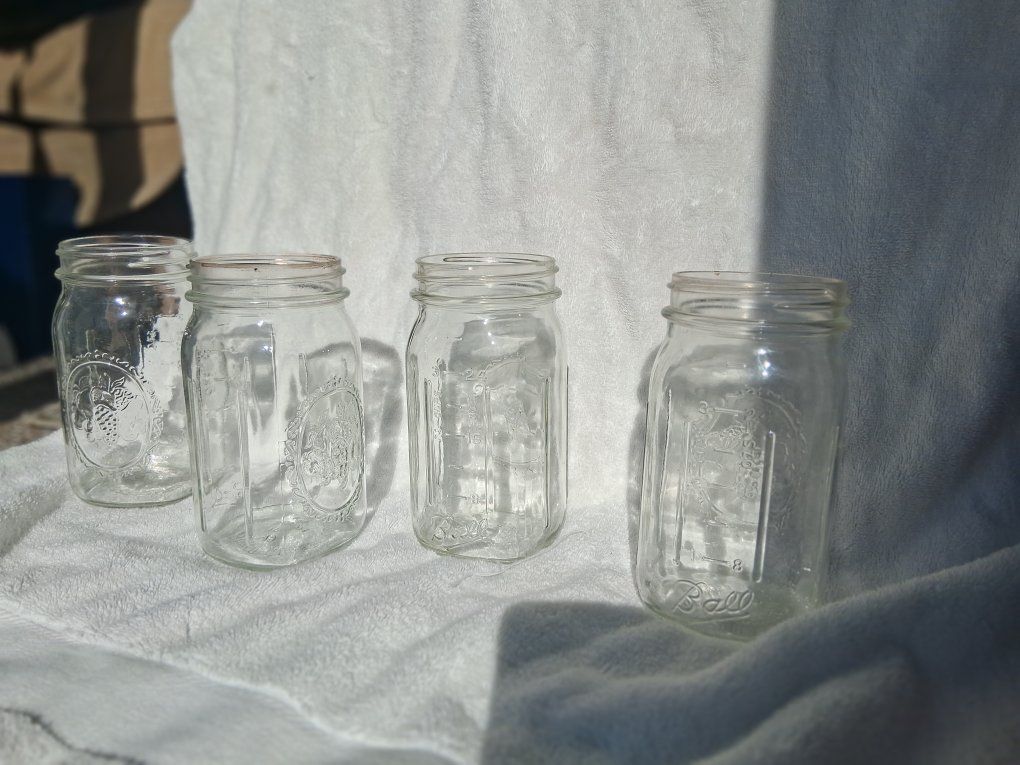 4 vintage lt blue Ball jars w fruig,62 2a,5a,6a,9a