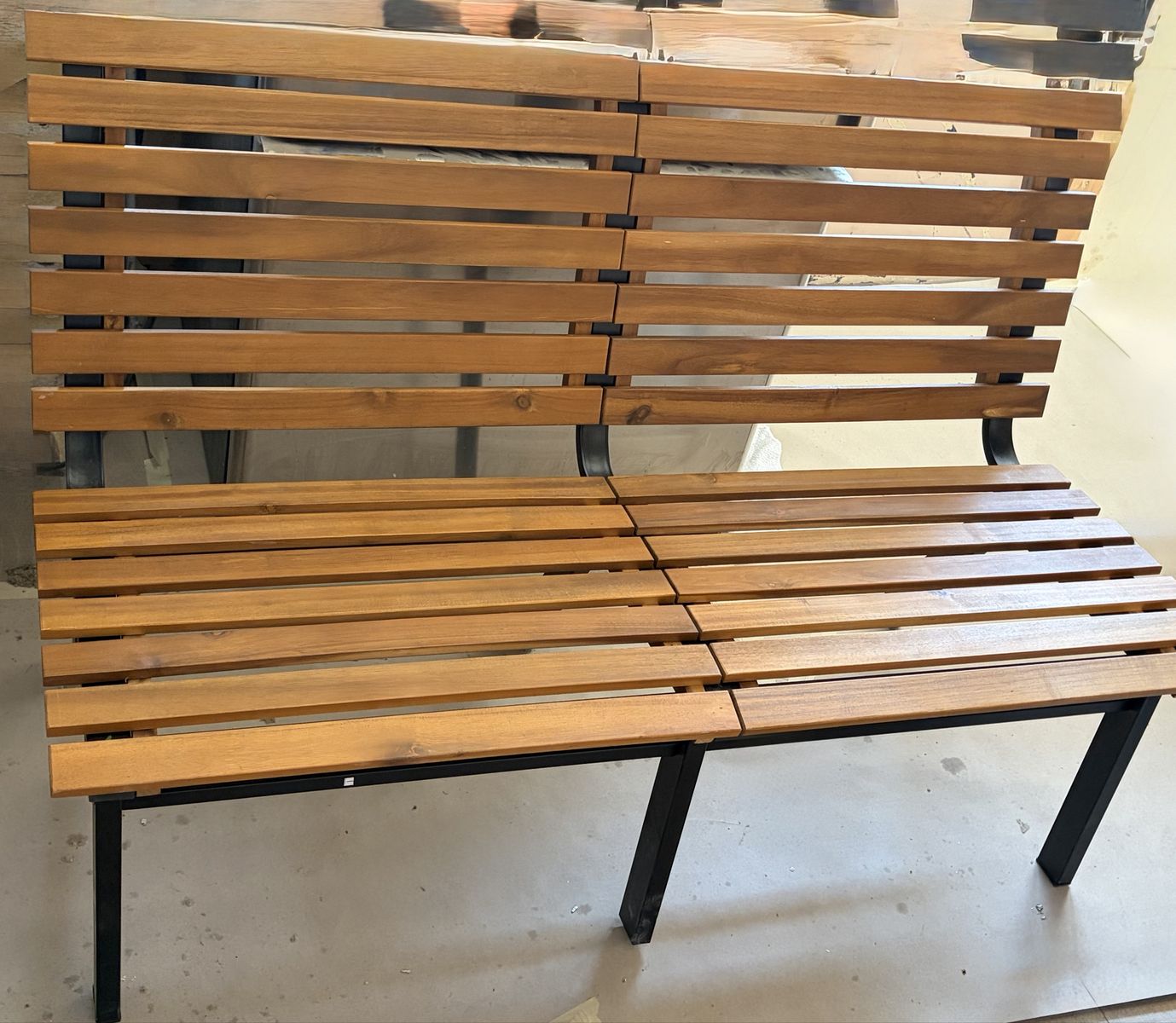 Wooden Slat Patio Bench with Black Metal Frame