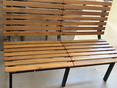 Wooden Slat Patio Bench with Black Metal Frame