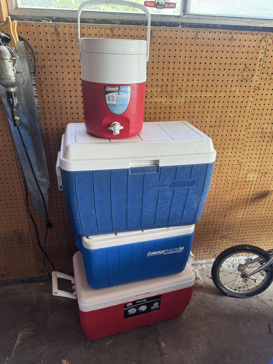 Lot of 3 Coleman Coolers: 2 Polylite 34QT Chest Coolers, 1 2-Gallon Beverage Cooler