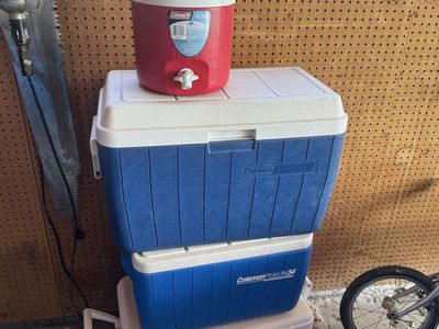 Lot of 3 Coleman Coolers: 2 Polylite 34QT Chest Coolers, 1 2-Gallon Beverage Cooler
