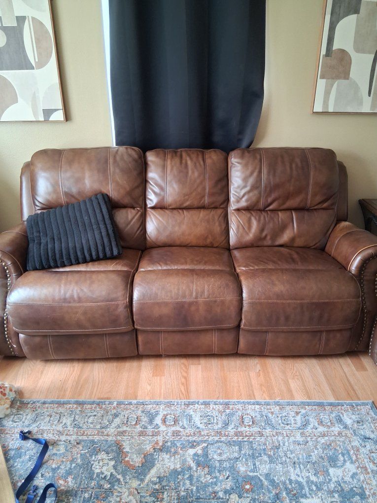 Used Brown Leather Reclining Loveseat with Nailhead Trim