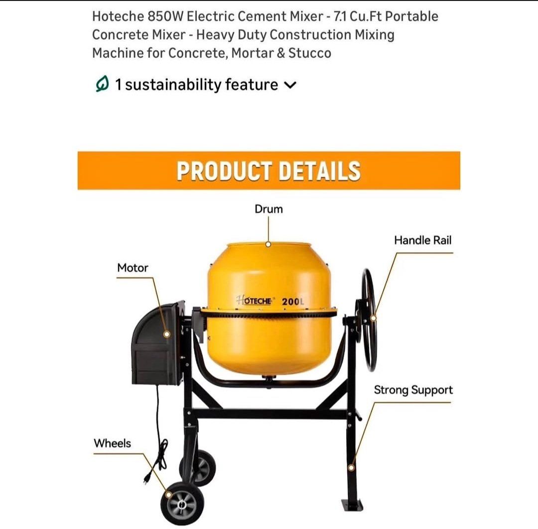 Hoteche 850W Electric Cement Mixer 7.1 Cu.Ft Portable Concrete Mixer