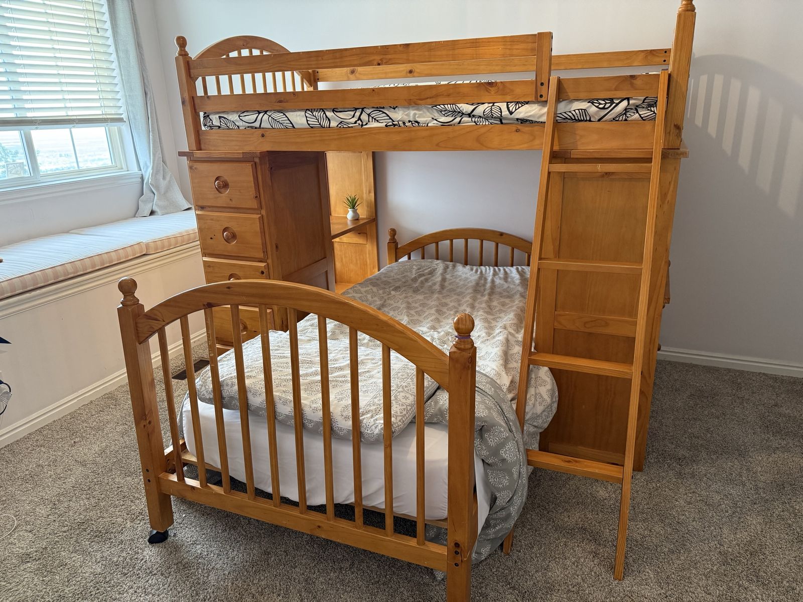 Wooden Twin Loft Bed with Desk, Dresser, and Rolling Twin Bed - Space-Saving Bedroom Furniture