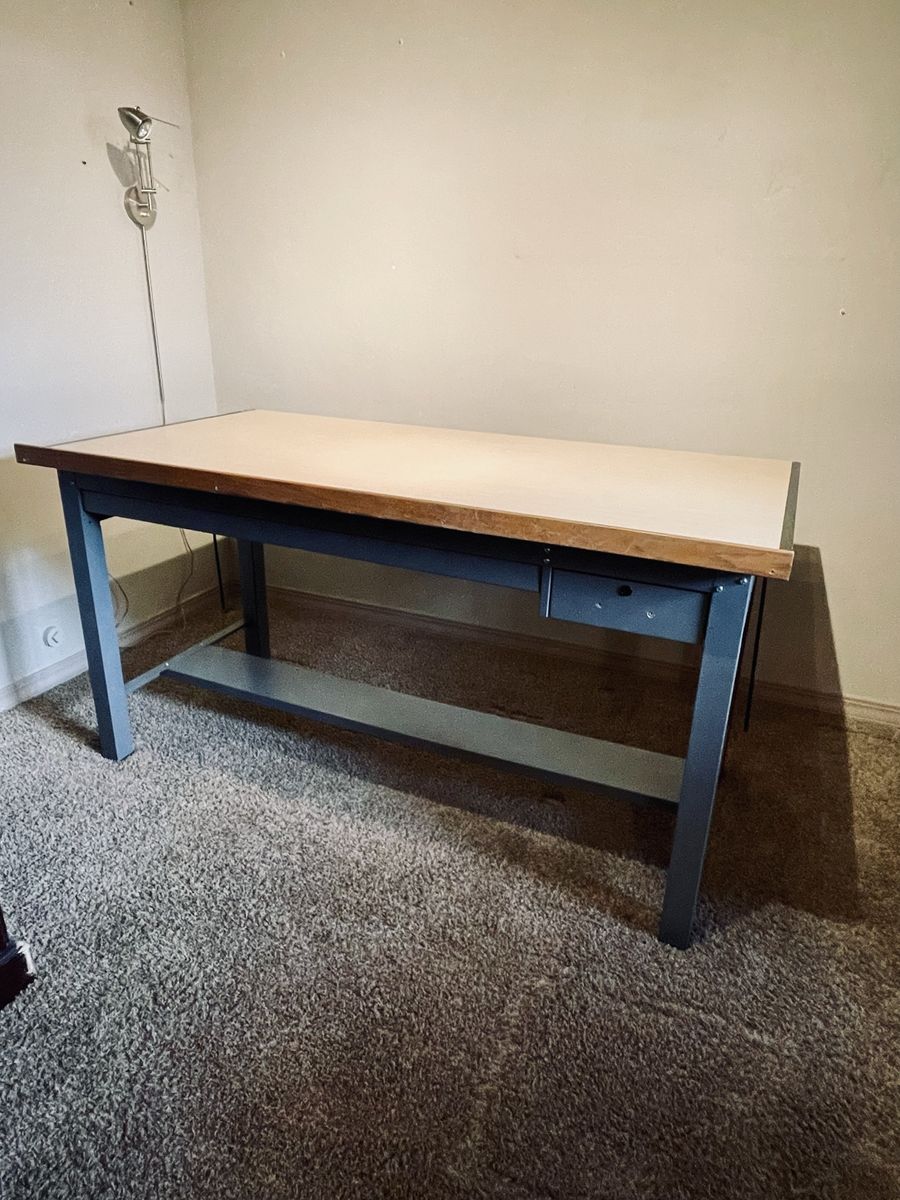 Vintage Mayline Ranger Tilting Drafting Table Desk with wood pencil apron and two Storage drawers.