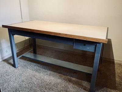 Vintage Mayline Ranger Tilting Drafting Table Desk with wood pencil apron and two Storage drawers.