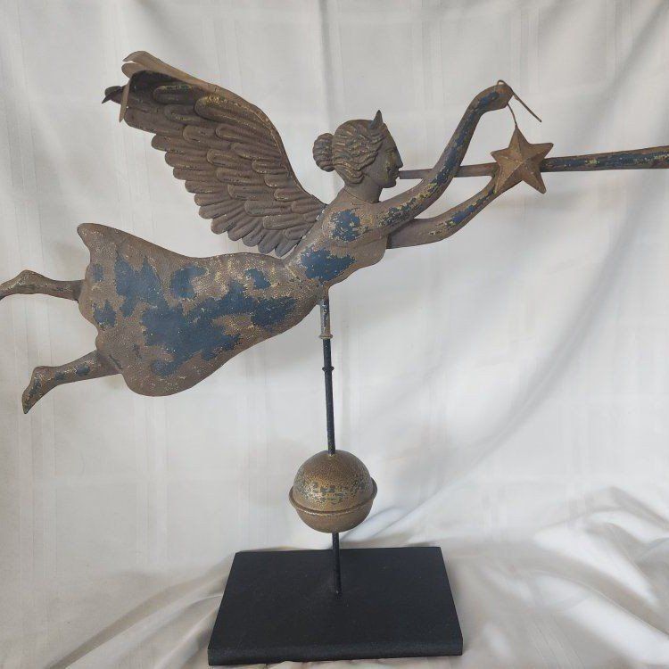 Vintage Style Metal Angel Gabriel Weathervane Sculpture on Stand