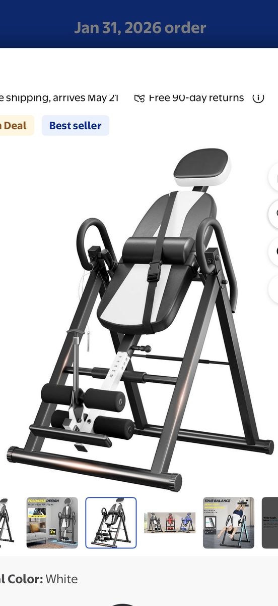Foldable Inversion Table for Back Pain Relief, Heavy Duty & Adjustable, White/Black