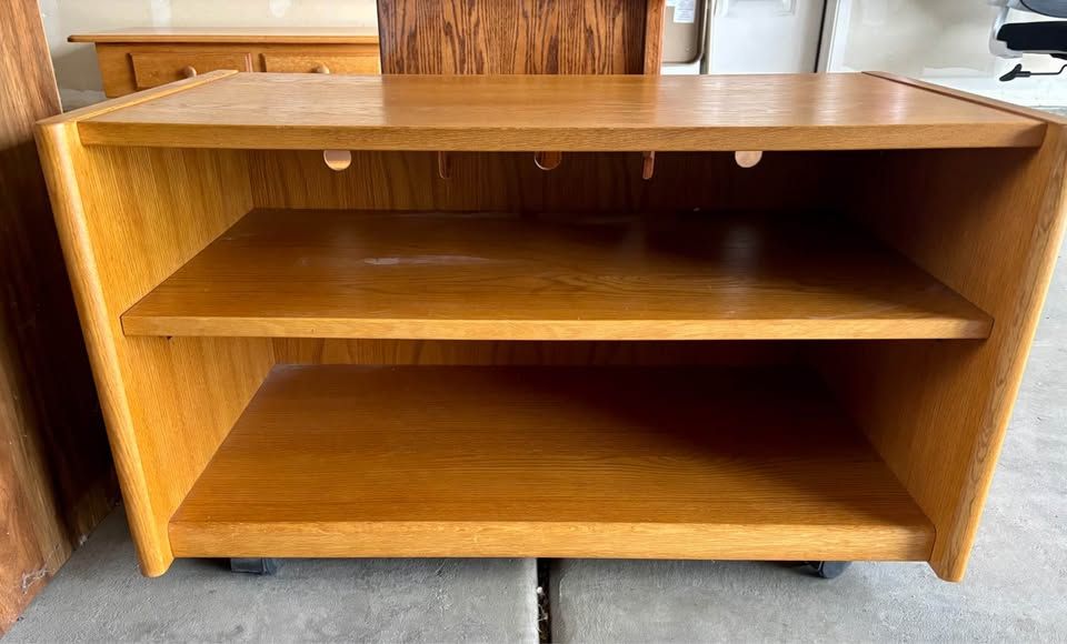 Solid Oak Mobile Media Console with slide out shelf