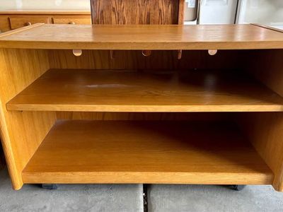 Solid Oak Mobile Media Console with slide out shelf