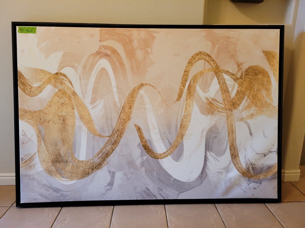 Large Framed Abstract Canvas Wall Art Gold & Neutral Tones 42x62