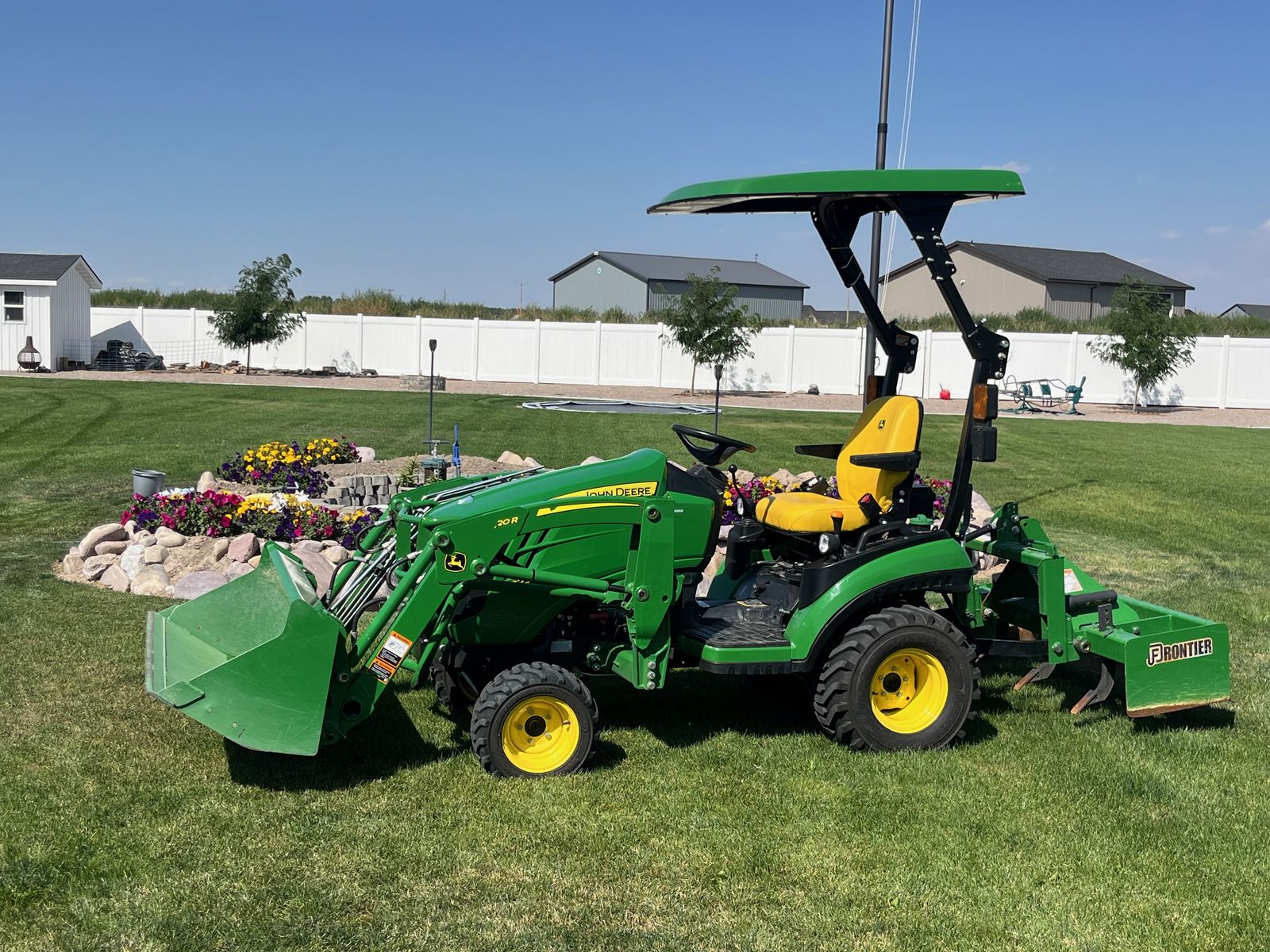 John Deere 1025R Tractor w/ Loader, Front Blade, Box Scraper, Rotary Mower, Tiller, i-hitch