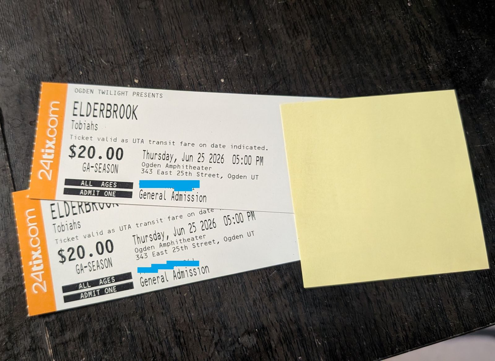 Elderbrook Ogden Twilight Concert Series, 2 Paper Tickets, June 25th 2026