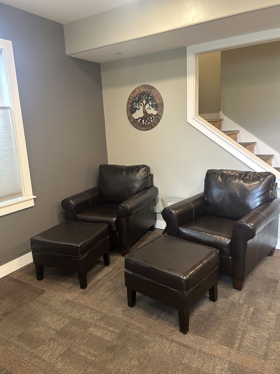 Matching Faux Leather Club Chairs with Ottomans (Set of 2) - Excellent Condition