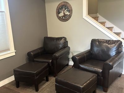 Matching Faux Leather Club Chairs with Ottomans (Set of 2) - Excellent Condition