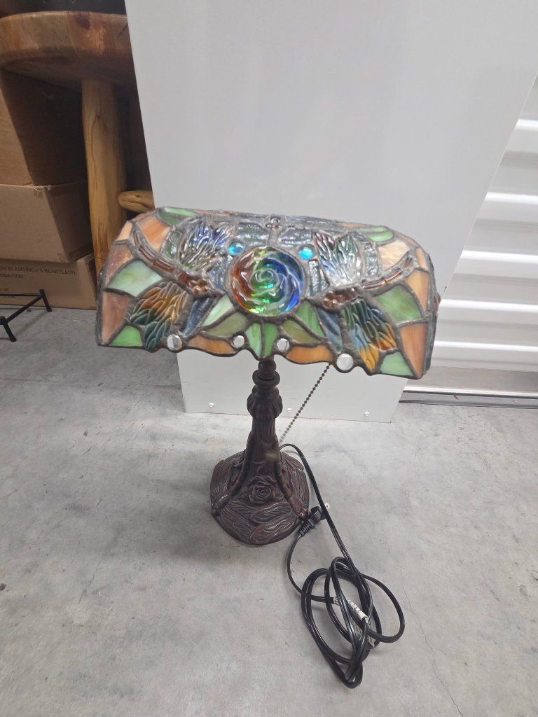 Tiffany Style Stained Glass Desk Lamp with Dragonfly & Rose Design, Arts & Crafts Era Decor