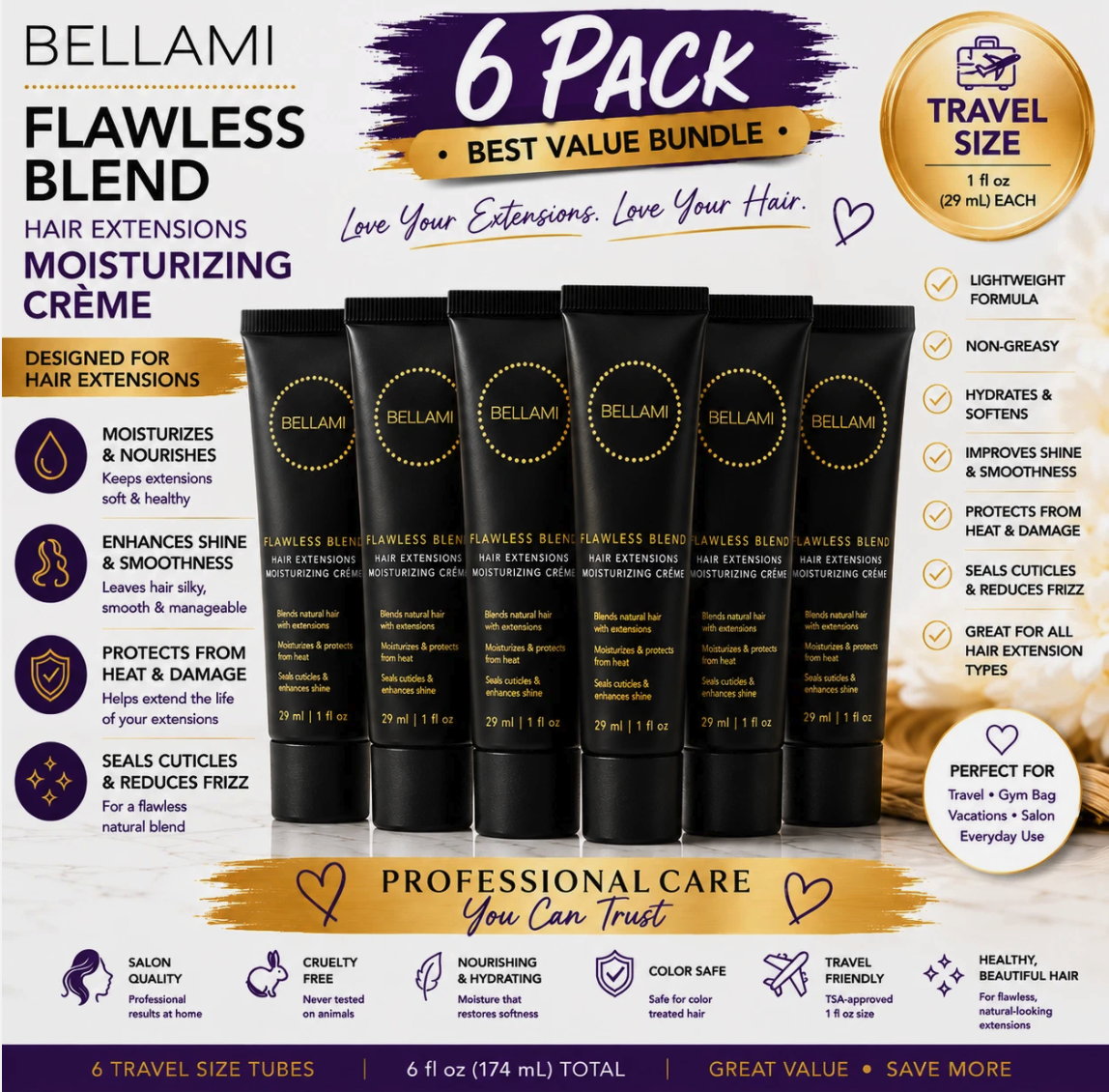 Bellami Flawless Blend Hair Extensions Moisturizing Crème 1oz Travel 6-Pack