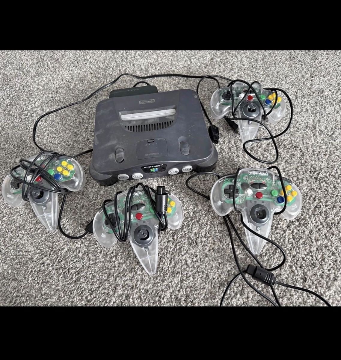 Nintendo 64 N64 Console with 4 Clear Controllers & 3 Classic Games (Mario, Donkey Kong)