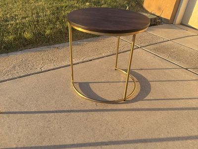 Modern Round End Table with Dark Wood Top & Gold Metal Base