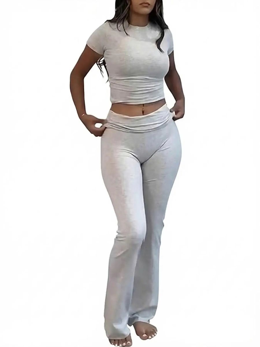Grey Two Piece Crop Top and Flared Pants Set
