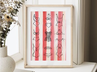 1950s Swimsuit Watercolor Art Print: Retro Beachy Summer Poster with Pink Cabana Stripes