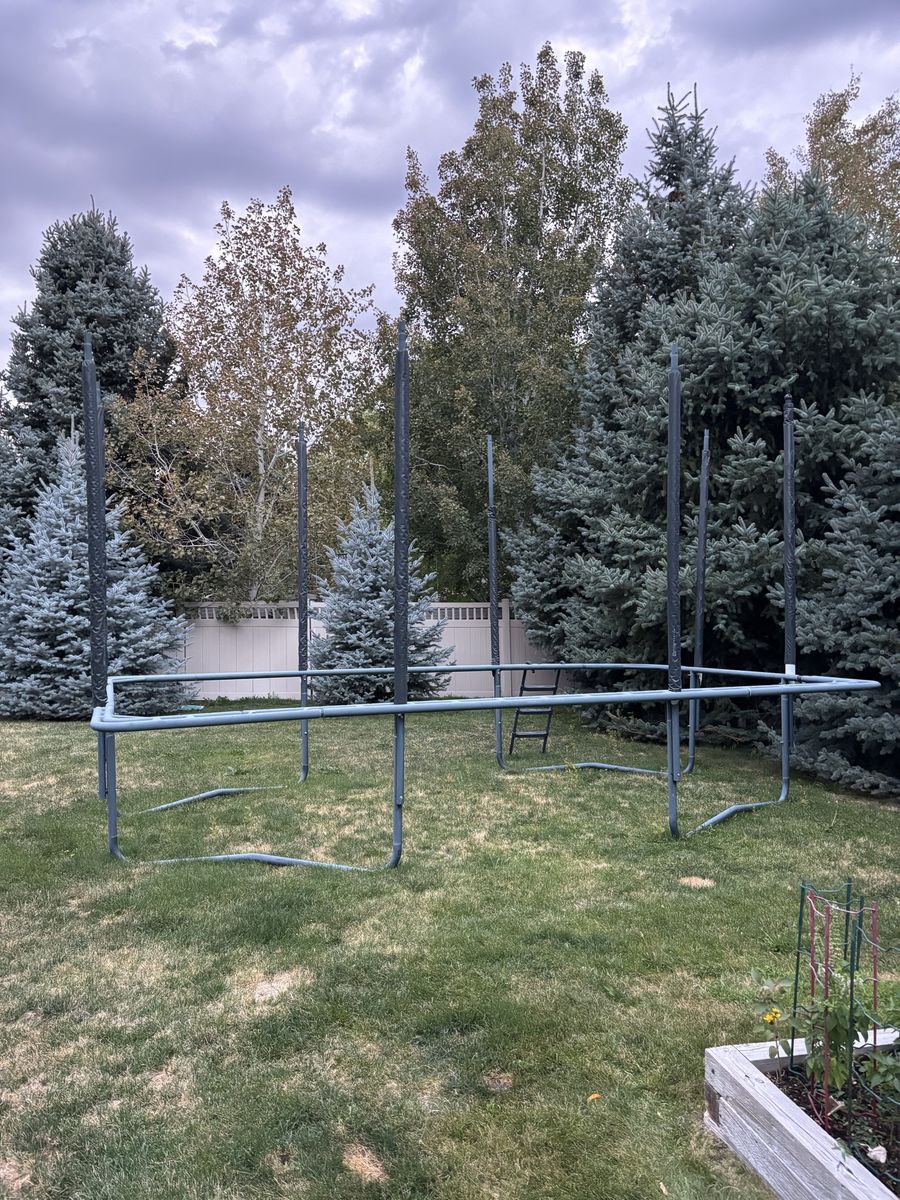 Large Outdoor Rectangular Trampoline Metal Frame with Enclosure Poles and Access Ladder pad springs in storage bought new $2800