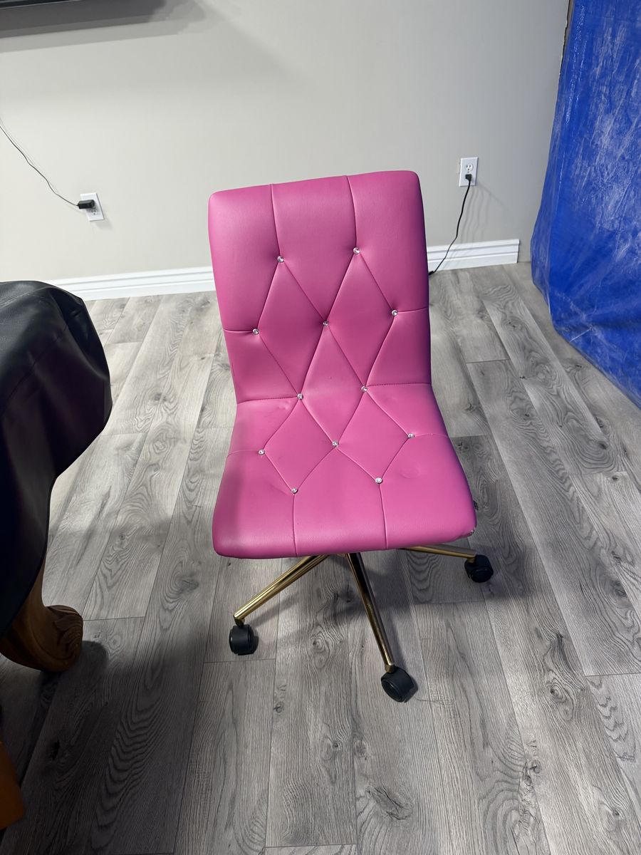 Pink Faux Leather Rolling Office Chair with Tufted Rhinestones and Gold Base