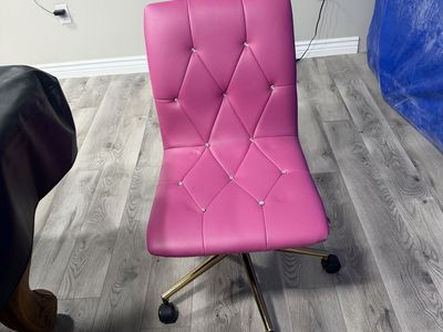 Pink Faux Leather Rolling Office Chair with Tufted Rhinestones and Gold Base