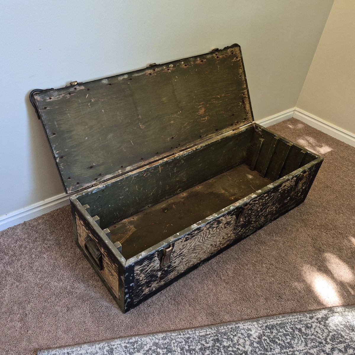 Vintage Military Green Wood Storage Trunk Chest Footlocker with Metal Hardware & Handles - Rustic Decor