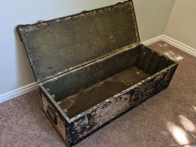 Vintage Military Green Wood Storage Trunk Chest Footlocker with Metal Hardware & Handles - Rustic Decor