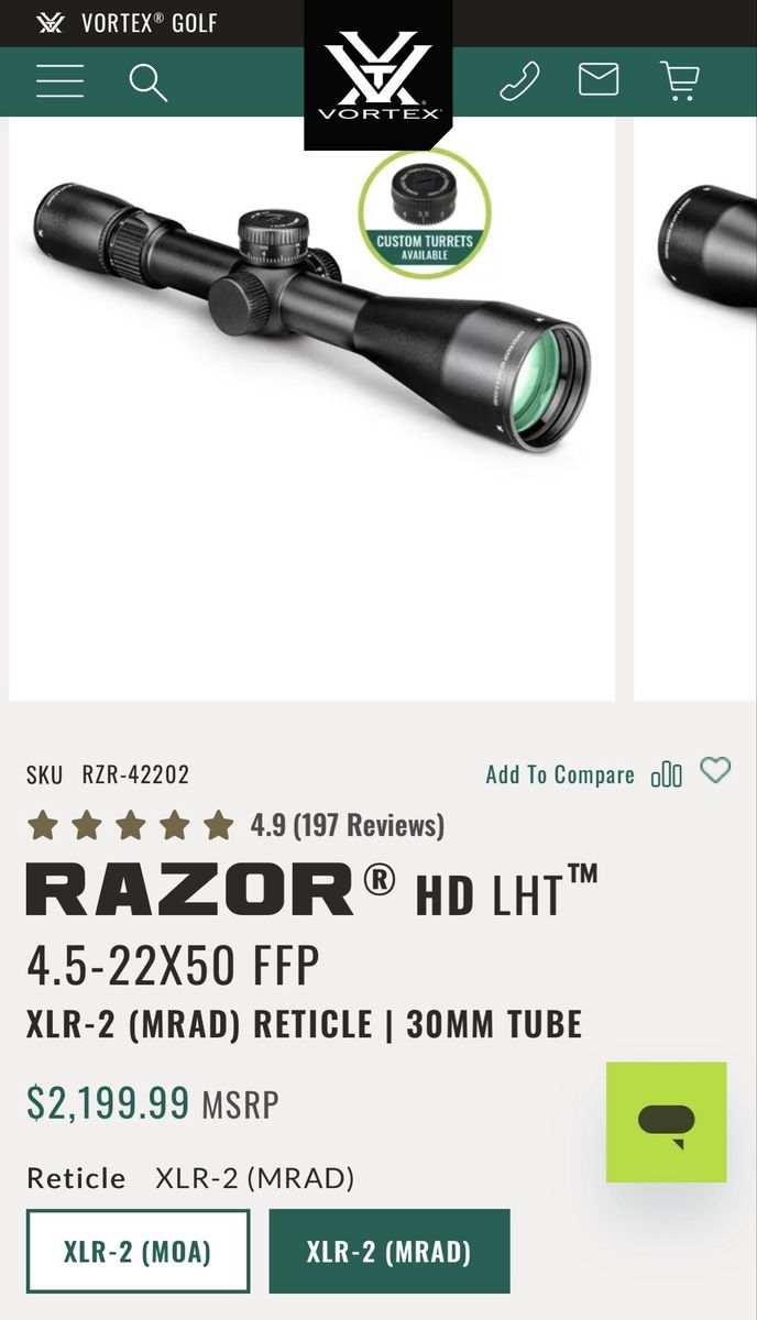 Vortex Razor HD LHT 4.5-22X50 FFP Rifle Scope - XLR-2 MRAD Reticle, 30mm Tube