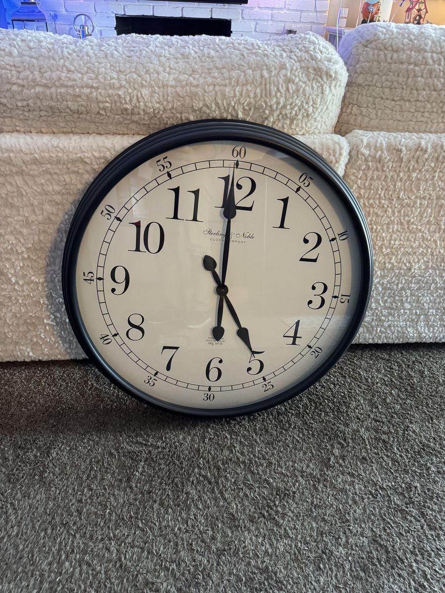 Sterling & Noble Large Black Frame Wall Clock with White Dial and Numbers