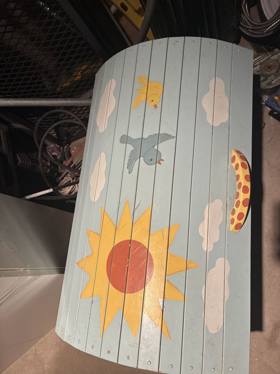 Kids Painted Wooden toy chest with Sun, Birds, Giraffe Design - Child's Play Furniture