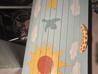 Kids Painted Wooden toy chest with Sun, Birds, Giraffe Design - Child's Play Furniture