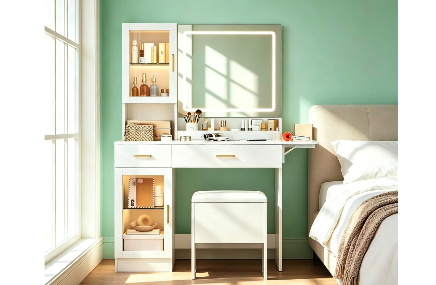 New Vanity with Mirror and Light, LED Touch Control Makeup Vanity Desk with Built-in Power Outlet