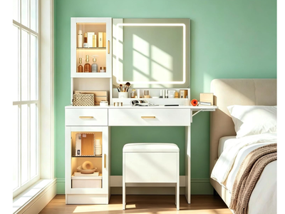 New Vanity with Mirror and Light, LED Touch Control Makeup Vanity Desk with Built-in Power Outlet