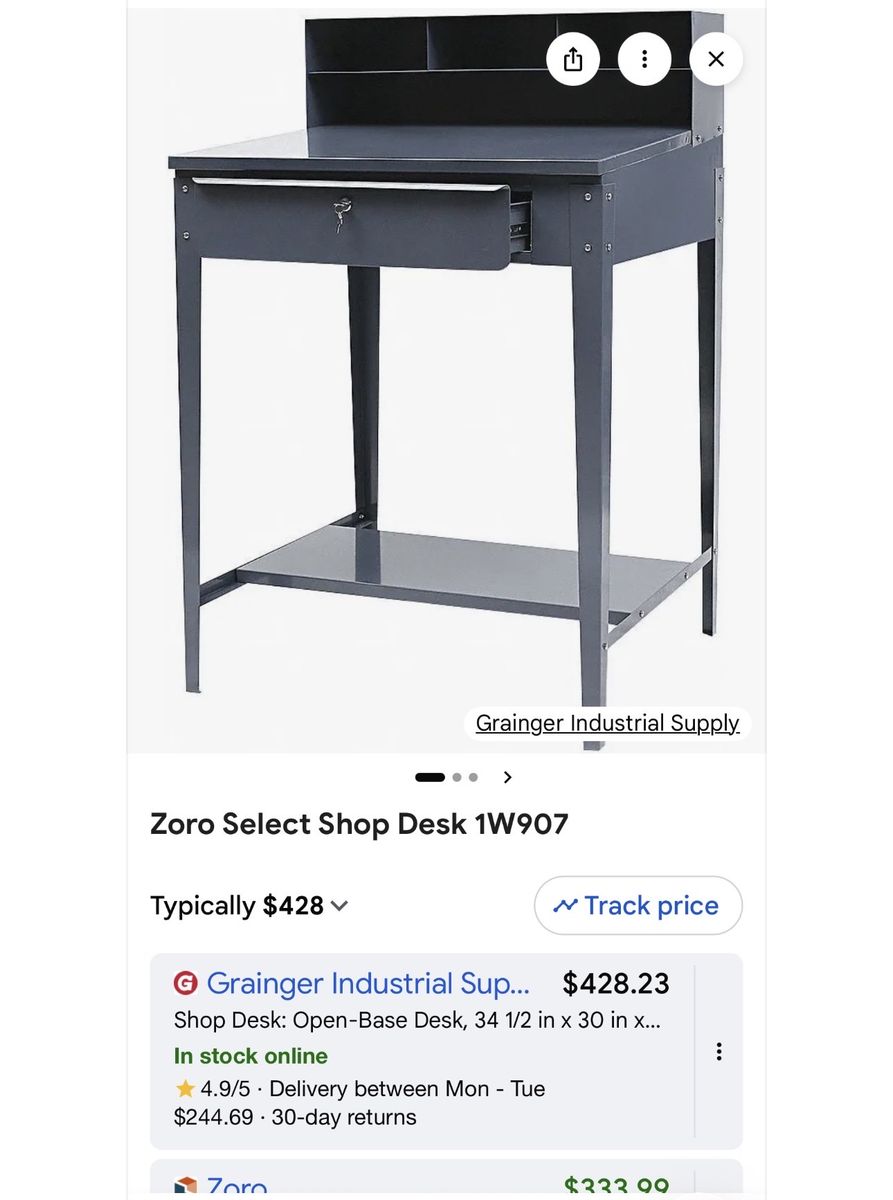 Zoro Select Shop Desk 1W907 - Industrial Open-Base Desk with Riser, Drawer & Shelf