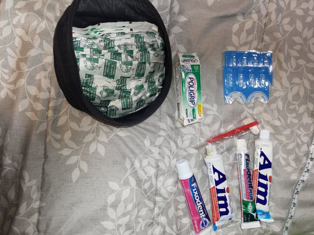 Dental Hygiene Lot: Poligrip, Fixodent, Aim Toothpaste & Denture Cleaner Tablets in Travel Bag